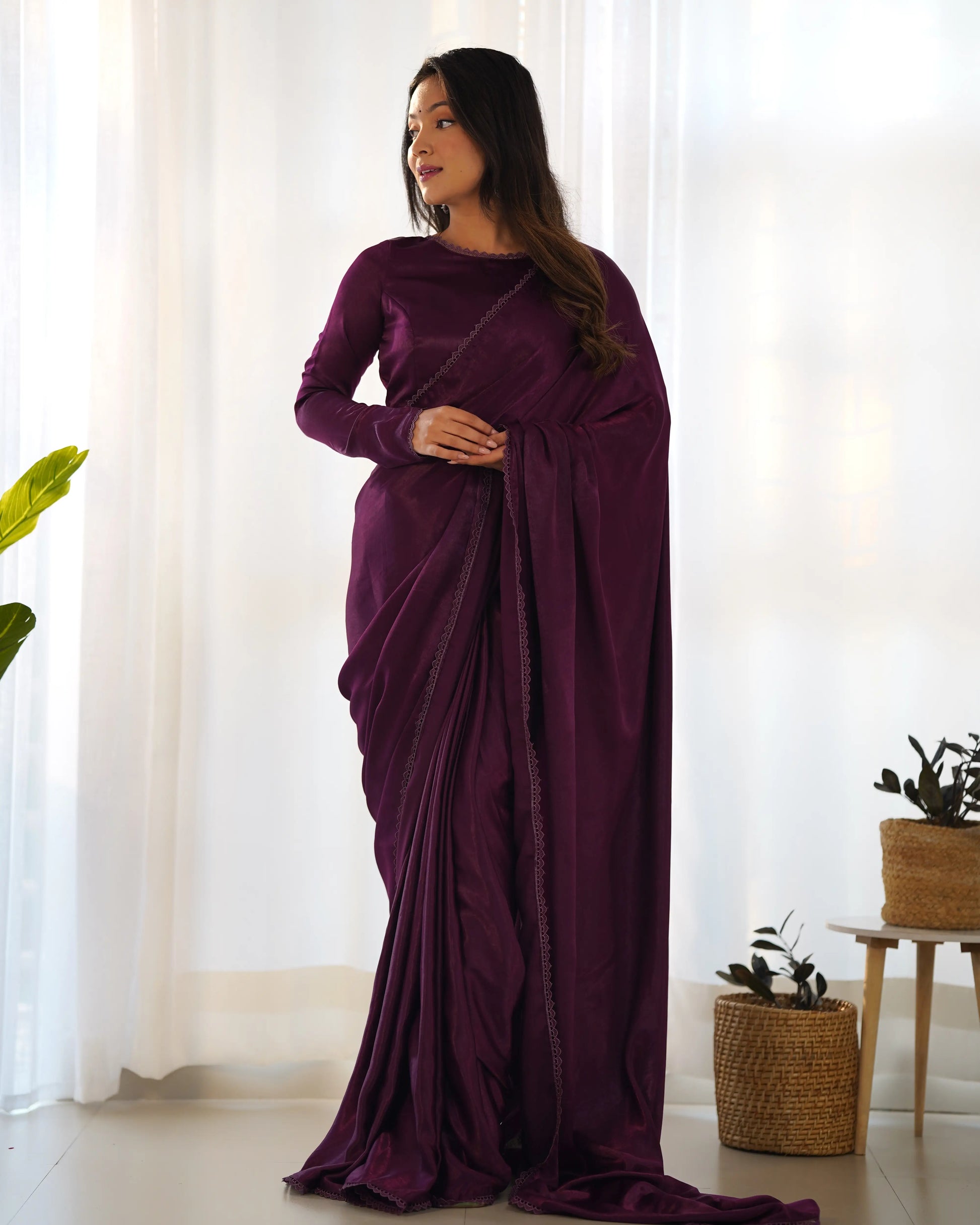 Premium Marble Velvet Pre-Draped Saree with Lace Border and Blouse