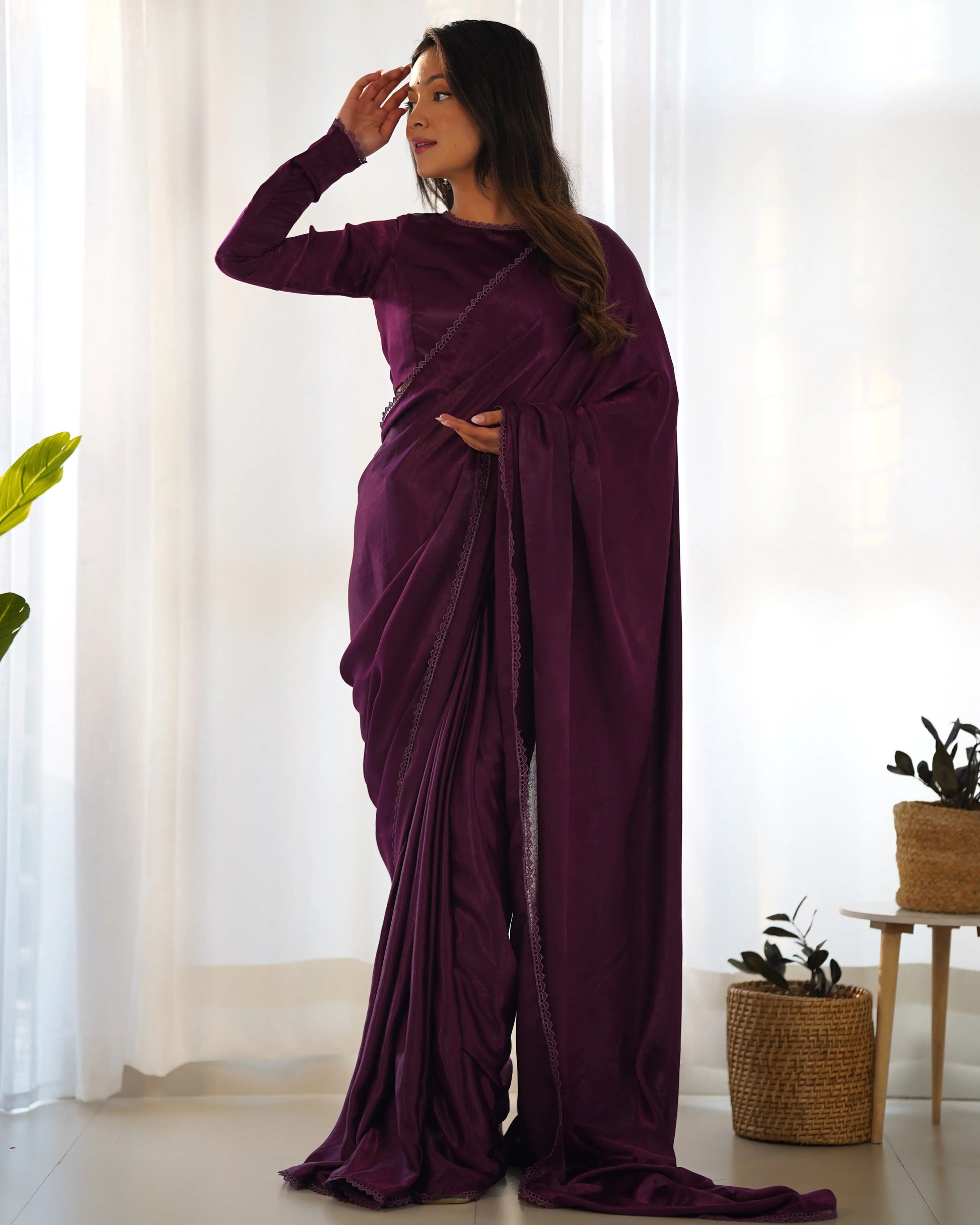 Premium Marble Velvet Pre-Draped Saree with Lace Border and Blouse