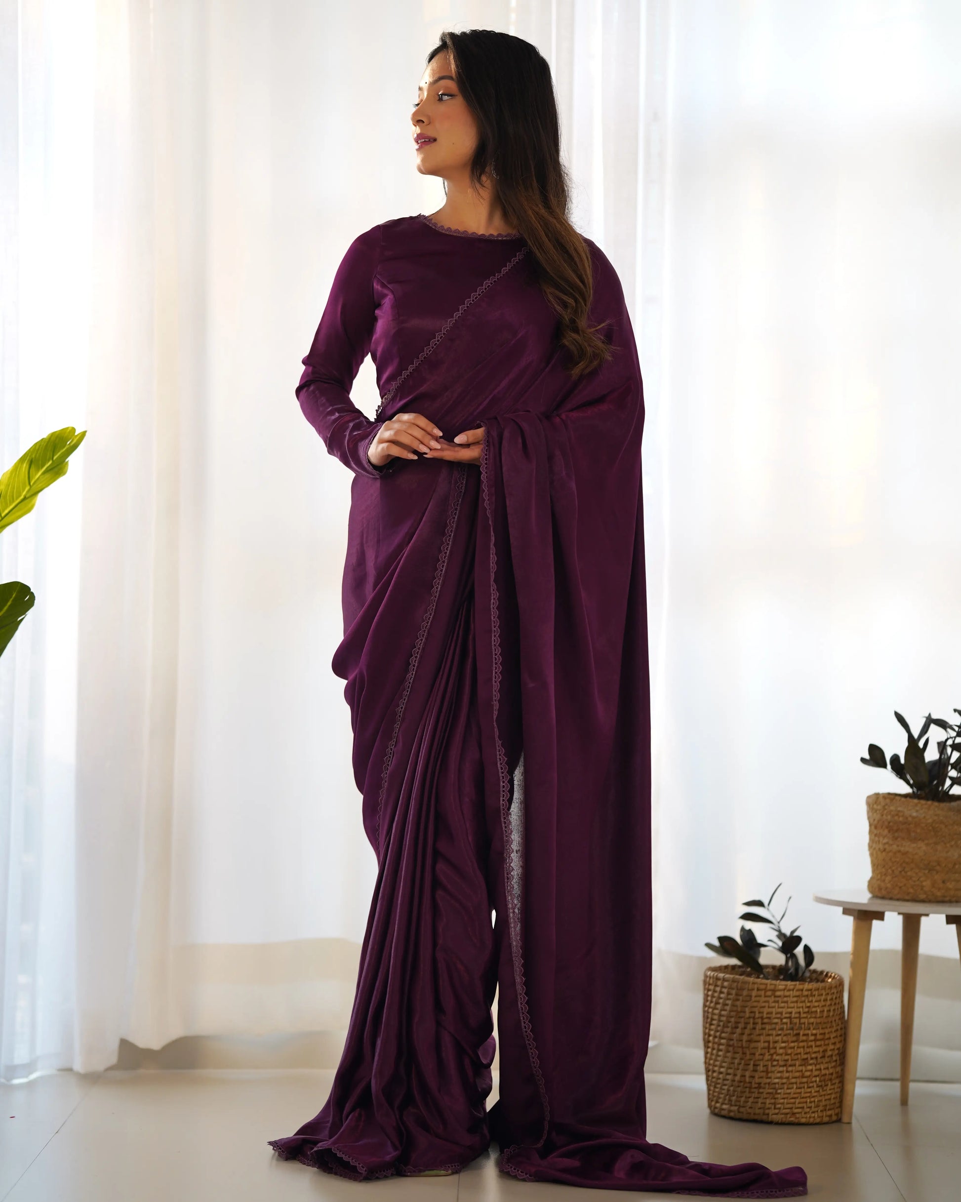 Premium Marble Velvet Pre-Draped Saree with Lace Border and Blouse