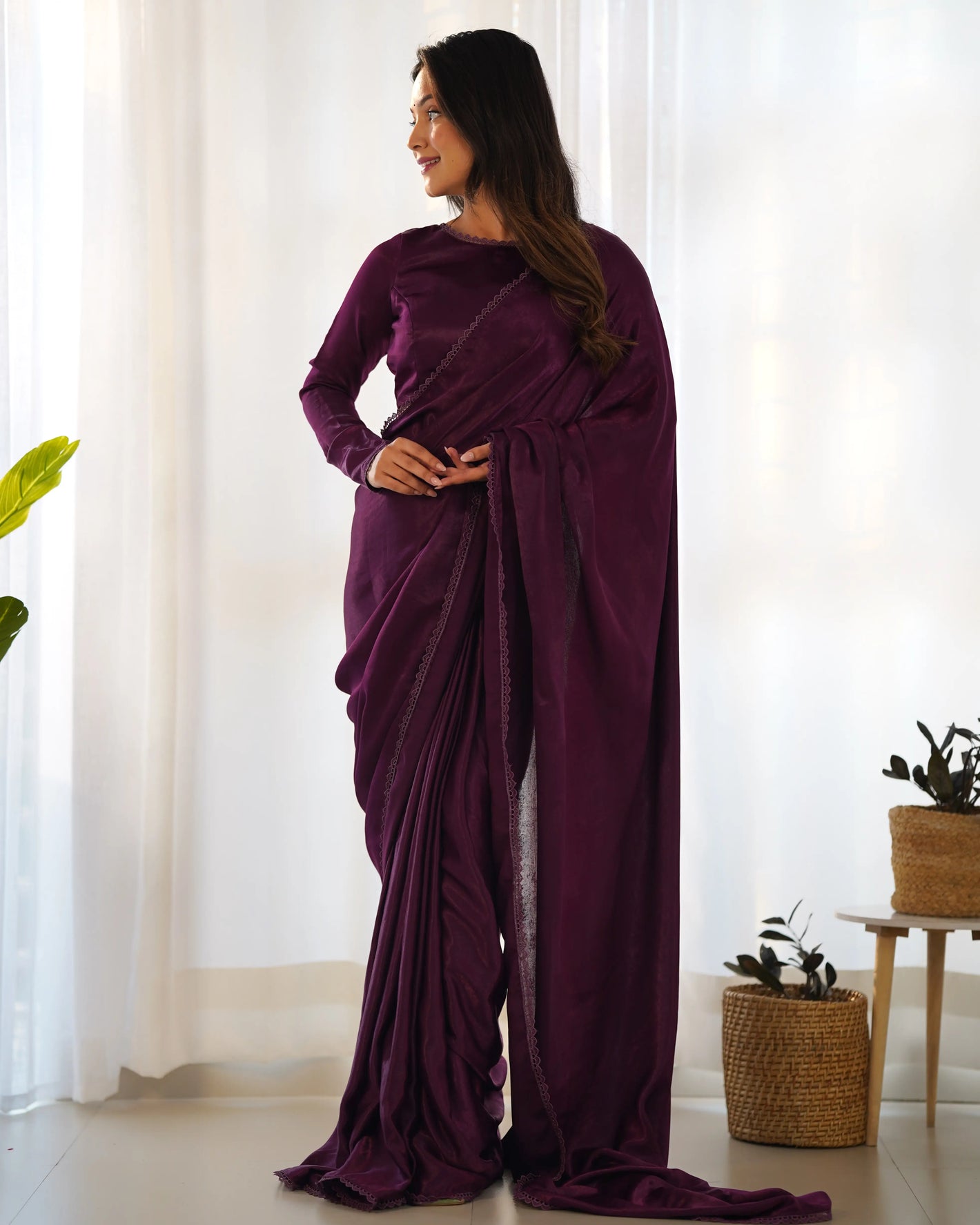 Premium Marble Velvet Pre-Draped Saree with Lace Border and Blouse
