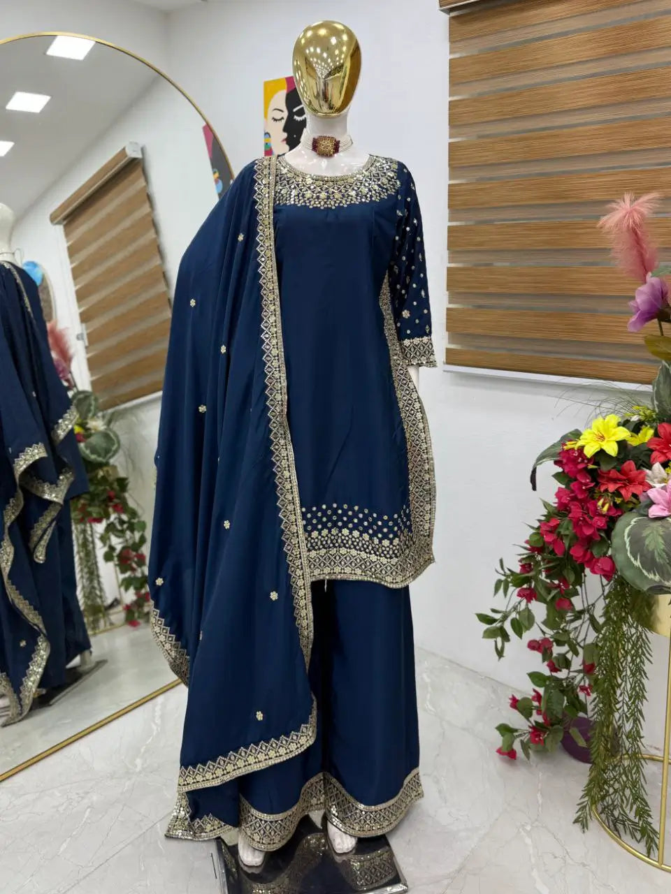 Premium Natural Crêpe Embroidered Sharara Suit with Dupatta – 8 Colors
