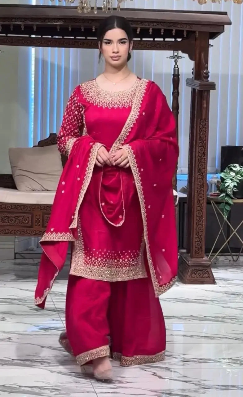 Premium Natural Crêpe Embroidered Sharara Suit with Dupatta – 8 Colors