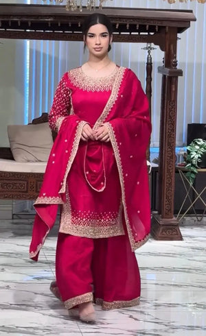 Premium Natural Crêpe Embroidered Sharara Suit with Dupatta – 8 Colors
