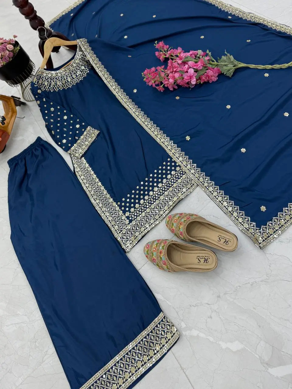 Premium Natural Crêpe Embroidered Sharara Suit with Dupatta – 8 Colors