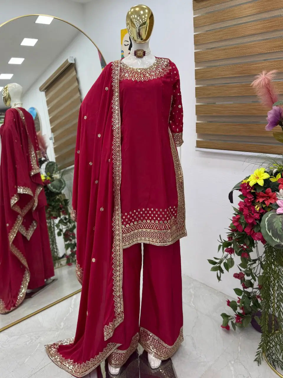 Premium Natural Crêpe Embroidered Sharara Suit with Dupatta – 8 Colors