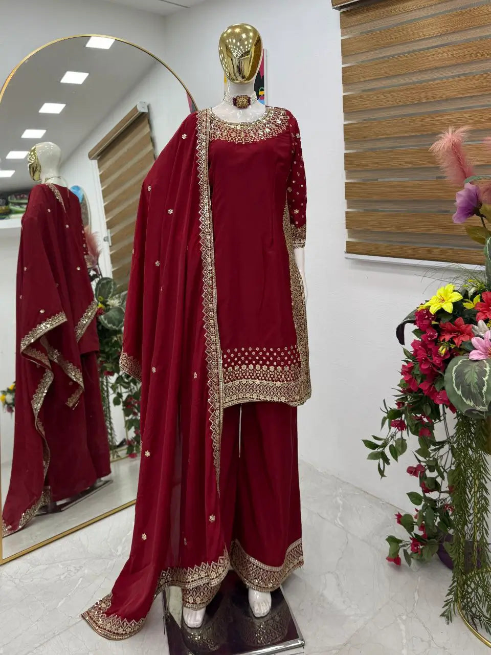 Premium Natural Crêpe Embroidered Sharara Suit with Dupatta – 8 Colors