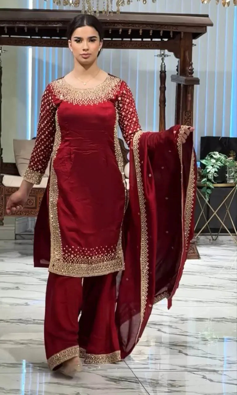 Premium Natural Crêpe Embroidered Sharara Suit with Dupatta – 8 Colors