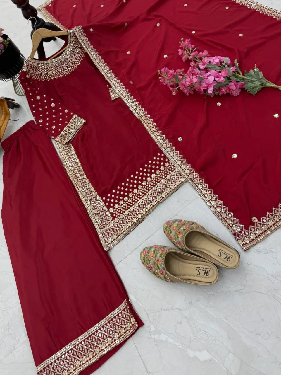 Premium Natural Crêpe Embroidered Sharara Suit with Dupatta – 8 Colors