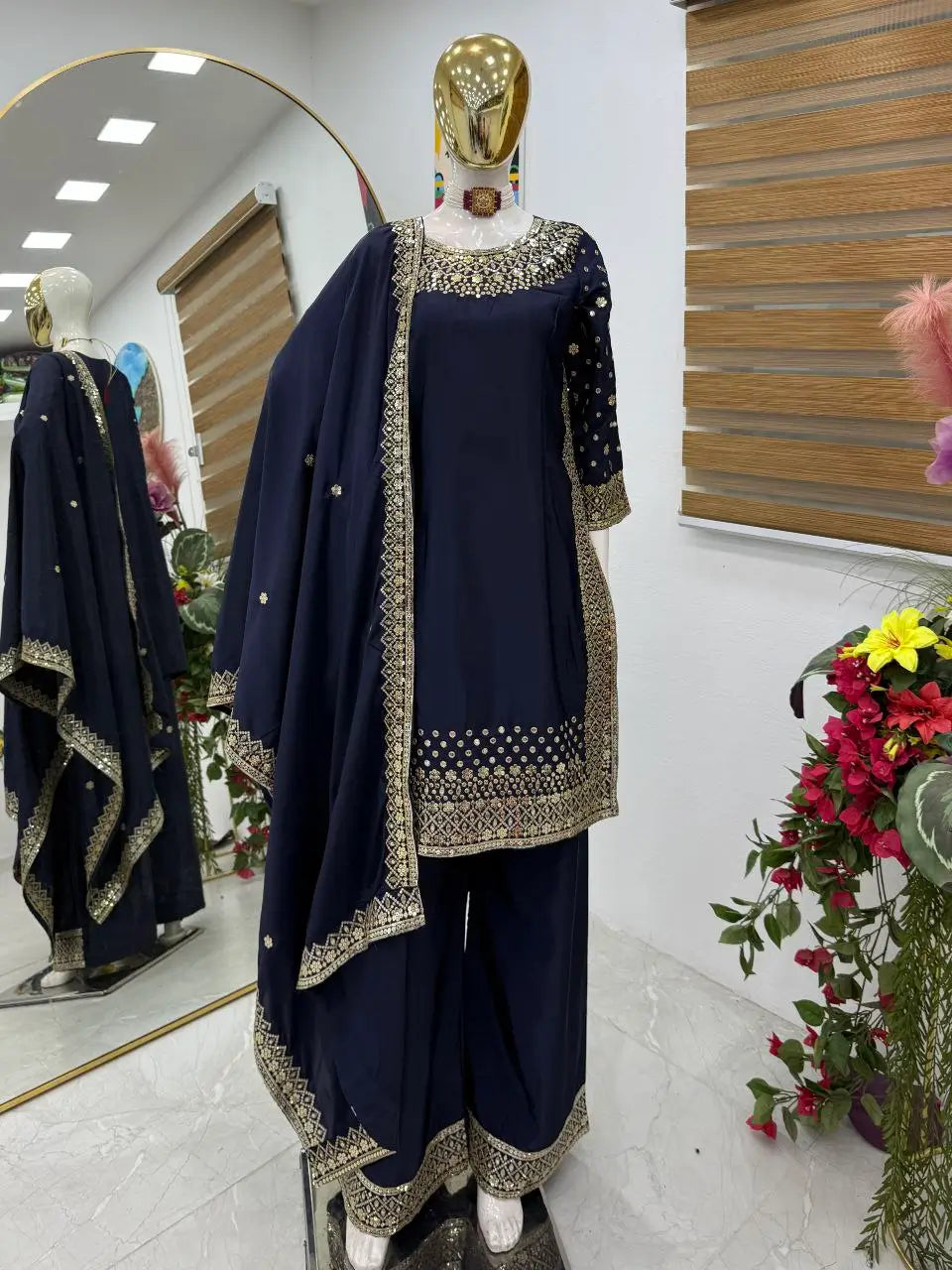 Premium Natural Crêpe Embroidered Sharara Suit with Dupatta – 8 Colors