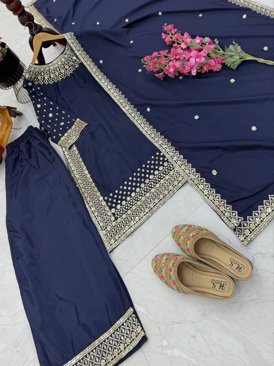 Premium Natural Crêpe Embroidered Sharara Suit with Dupatta – 8 Colors