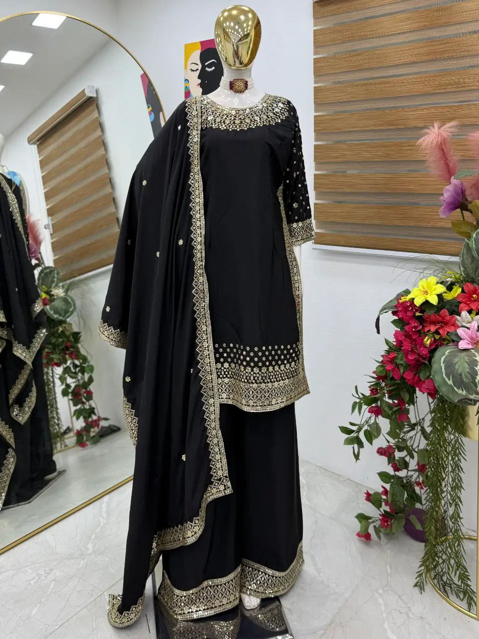 Premium Natural Crêpe Embroidered Sharara Suit with Dupatta – 8 Colors
