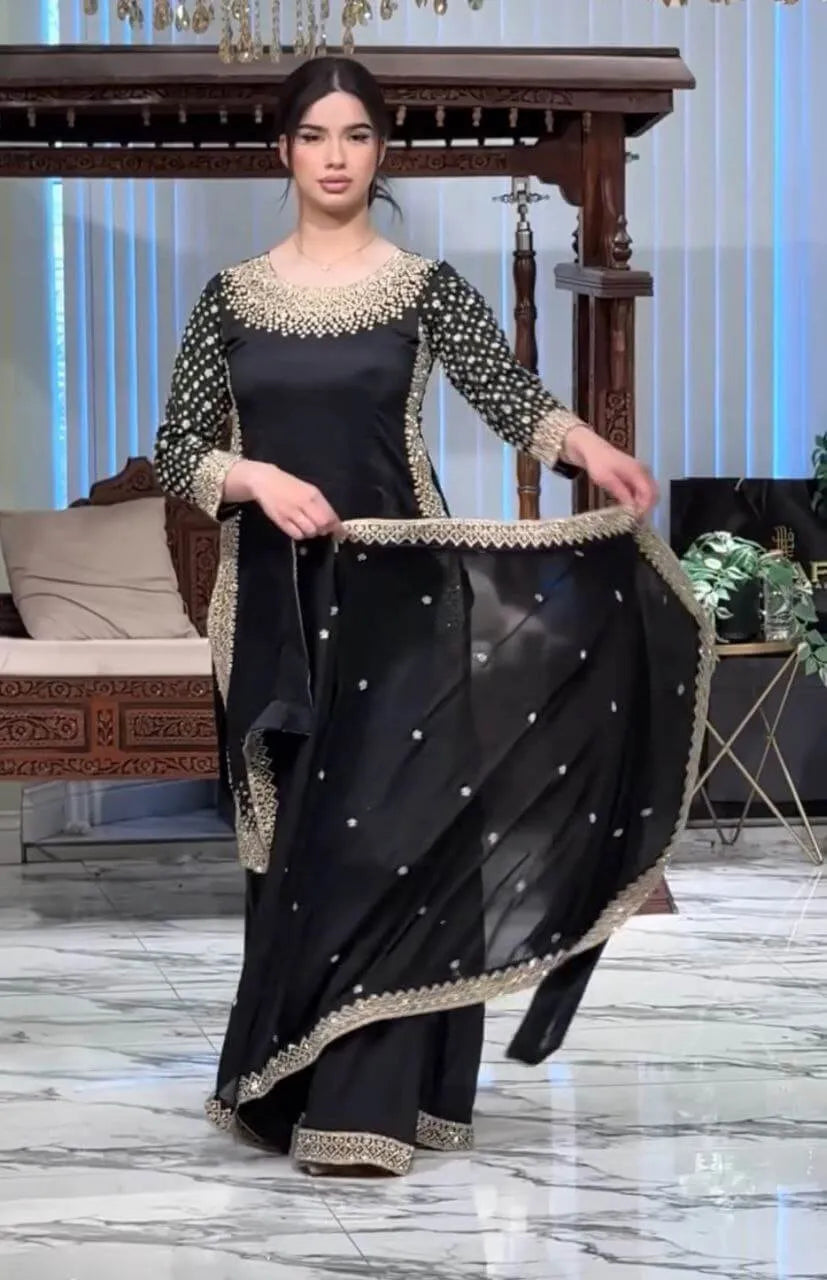 Premium Natural Crêpe Embroidered Sharara Suit with Dupatta – 8 Colors