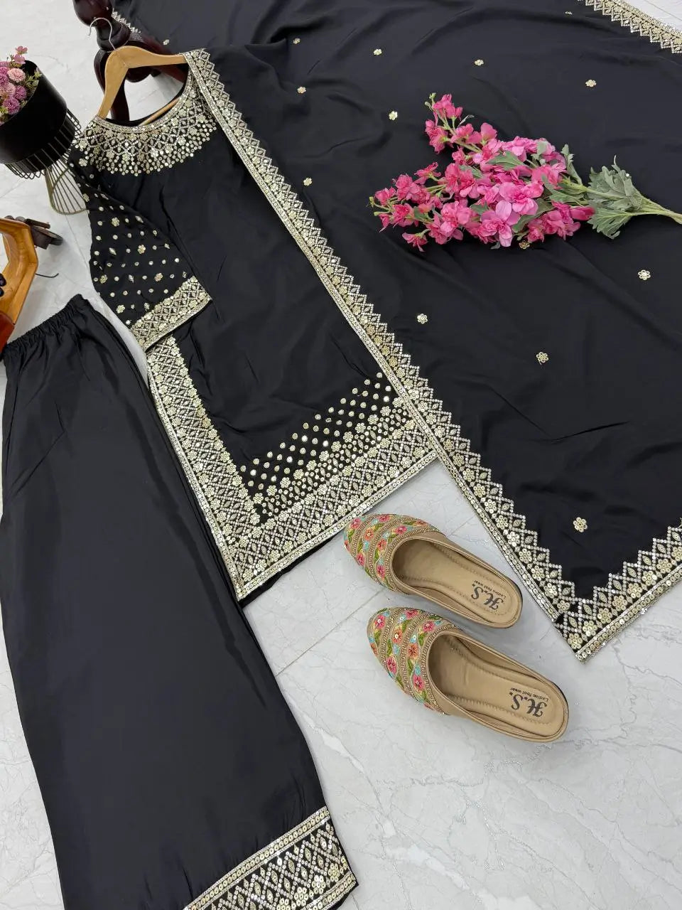 Premium Natural Crêpe Embroidered Sharara Suit with Dupatta – 8 Colors