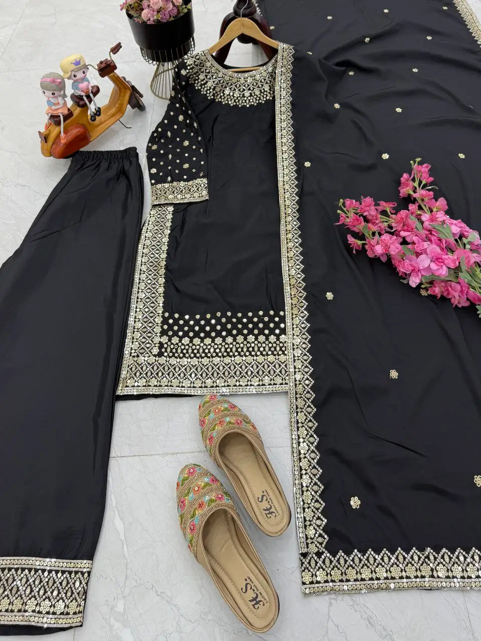 Premium Natural Crêpe Embroidered Sharara Suit with Dupatta – 8 Colors