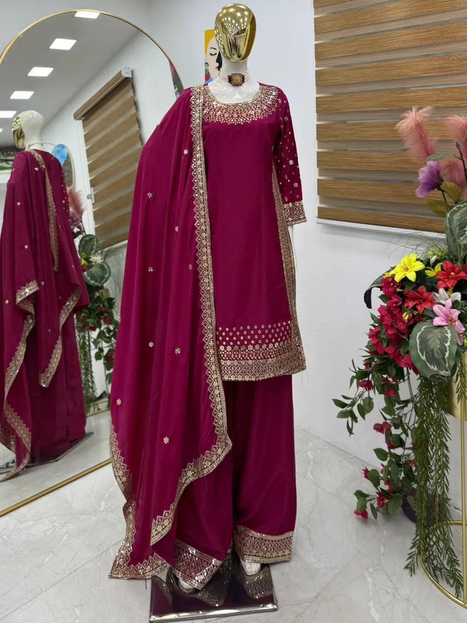 Premium Natural Crêpe Embroidered Sharara Suit with Dupatta – 8 Colors