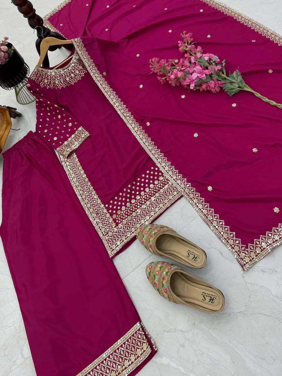 Premium Natural Crêpe Embroidered Sharara Suit with Dupatta – 8 Colors