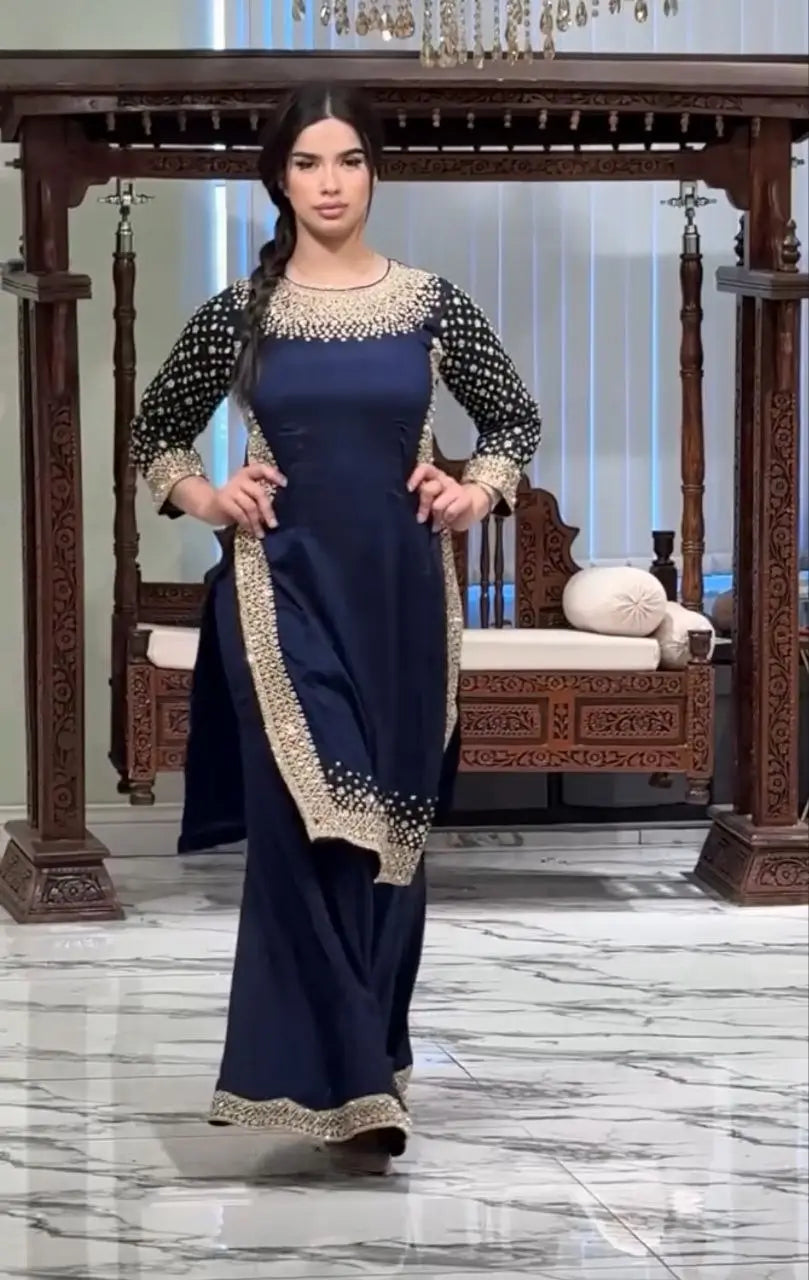 Premium Natural Crêpe Embroidered Sharara Suit with Dupatta – 8 Colors