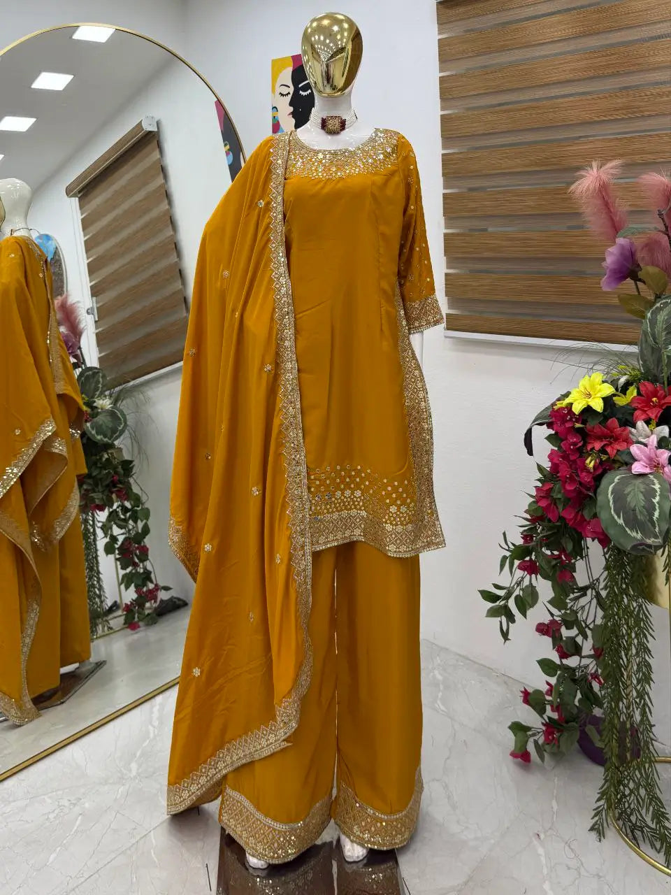 Premium Natural Crêpe Embroidered Sharara Suit with Dupatta – 8 Colors