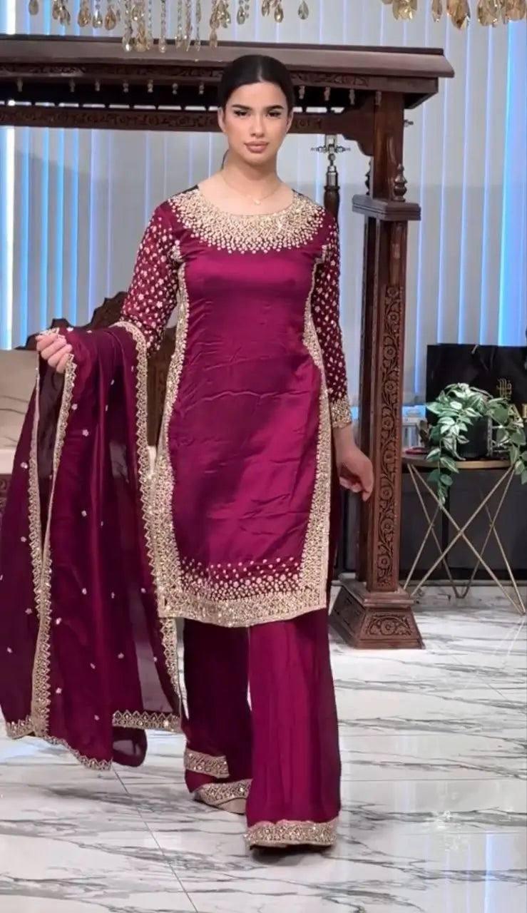 Premium Natural Crêpe Embroidered Sharara Suit with Dupatta – 8 Colors