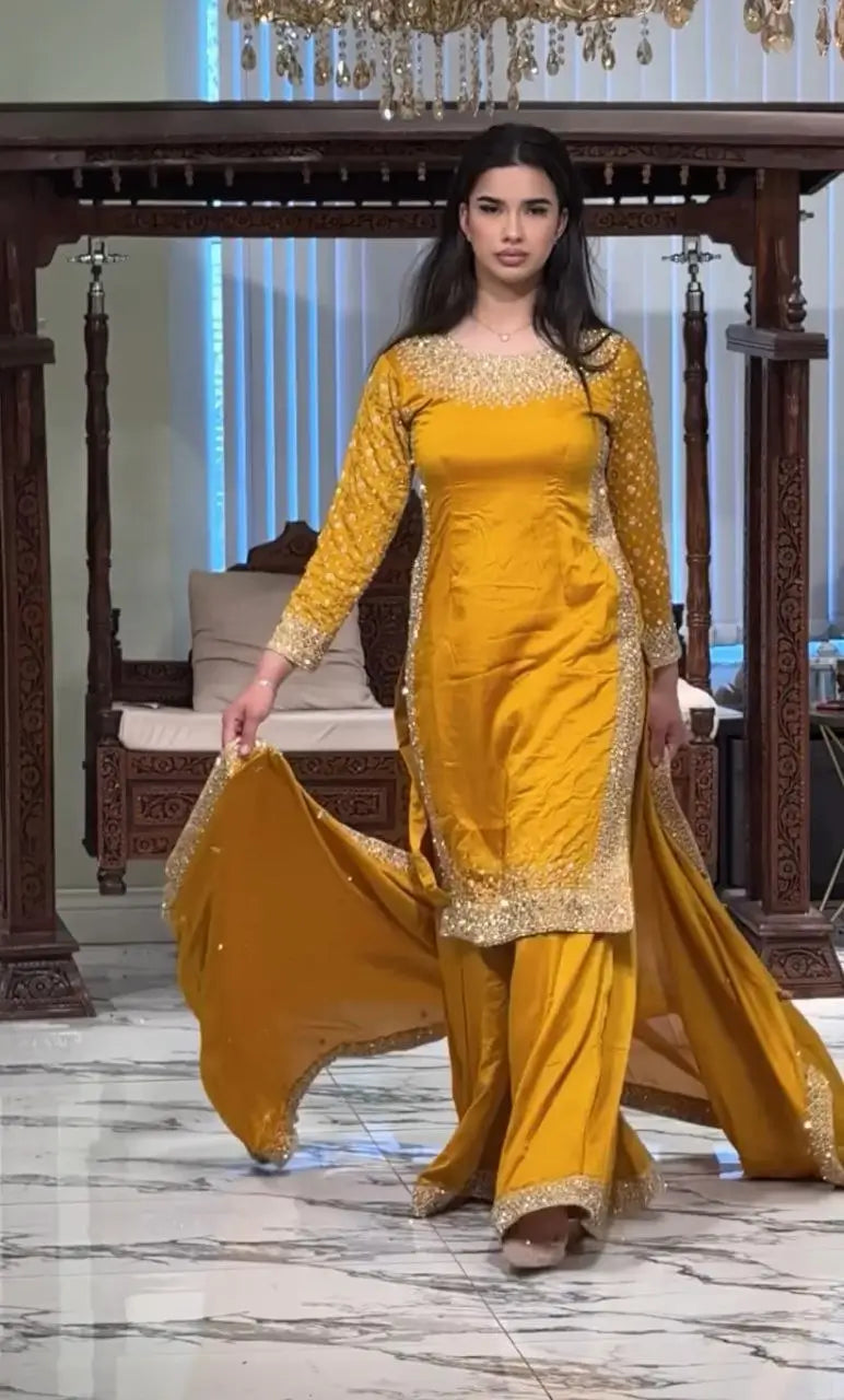 Premium Natural Crêpe Embroidered Sharara Suit with Dupatta – 8 Colors