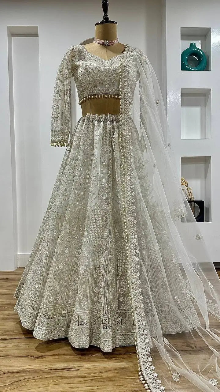 Premium Net Sequins Pearl Border Lehenga Set