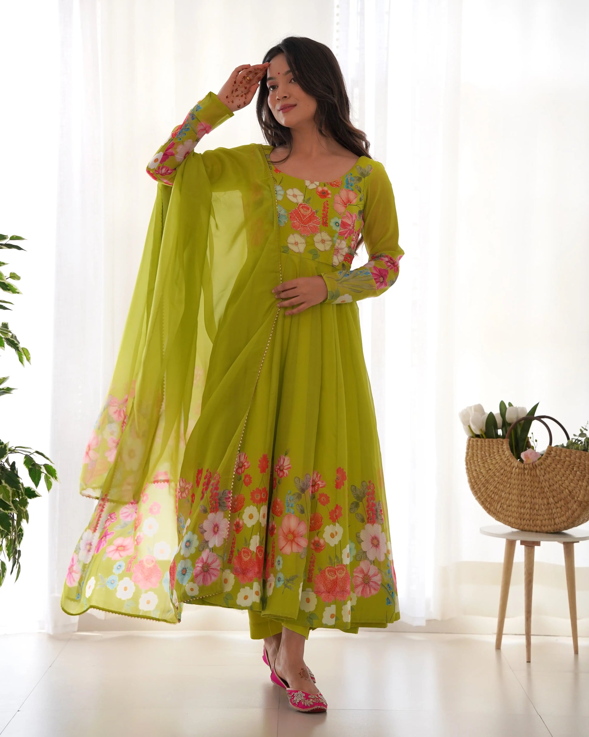 Premium Organza Silk Anarkali Set with Badla Work and Dupatta