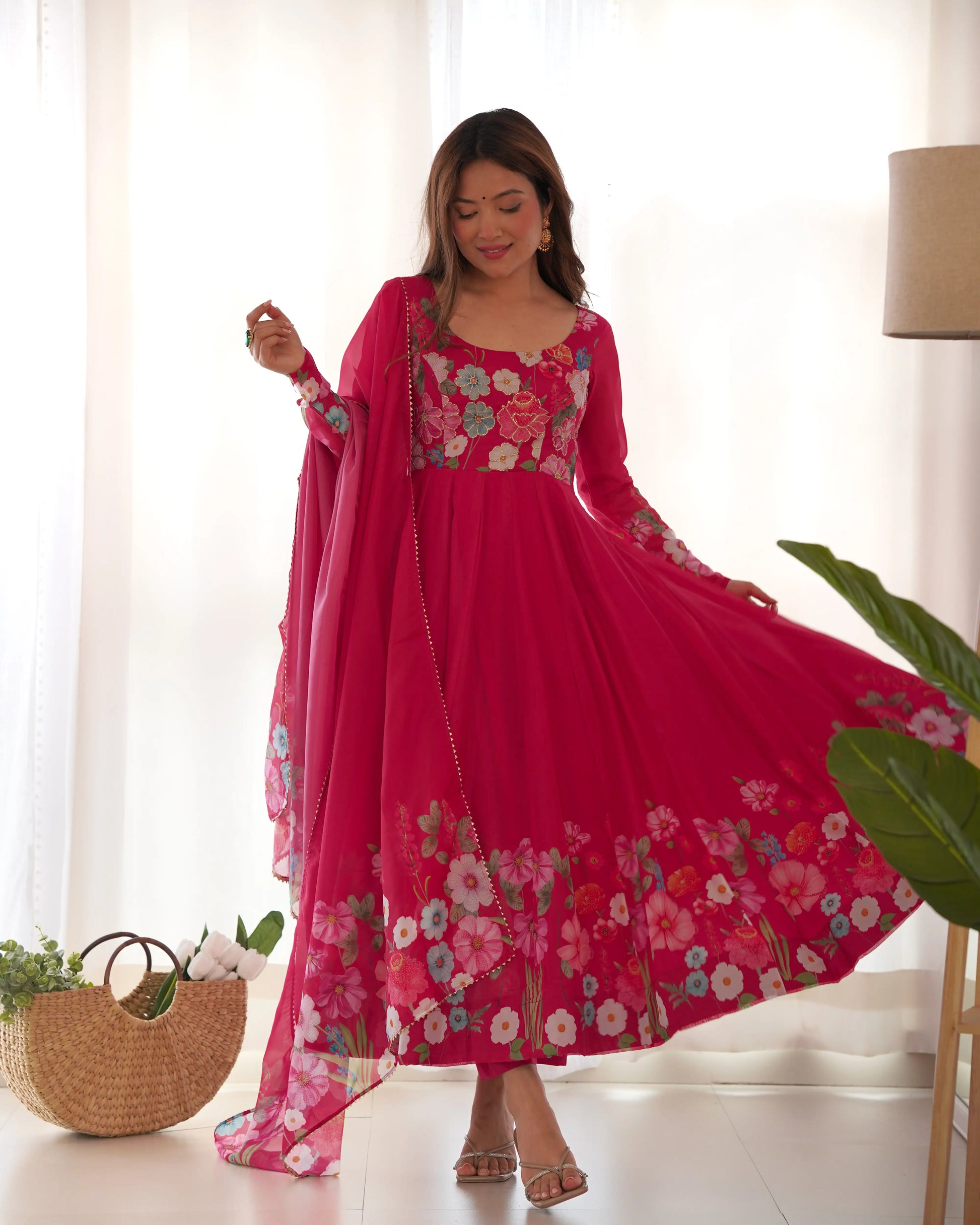 Premium Organza Silk Anarkali Set with Badla Work and Dupatta