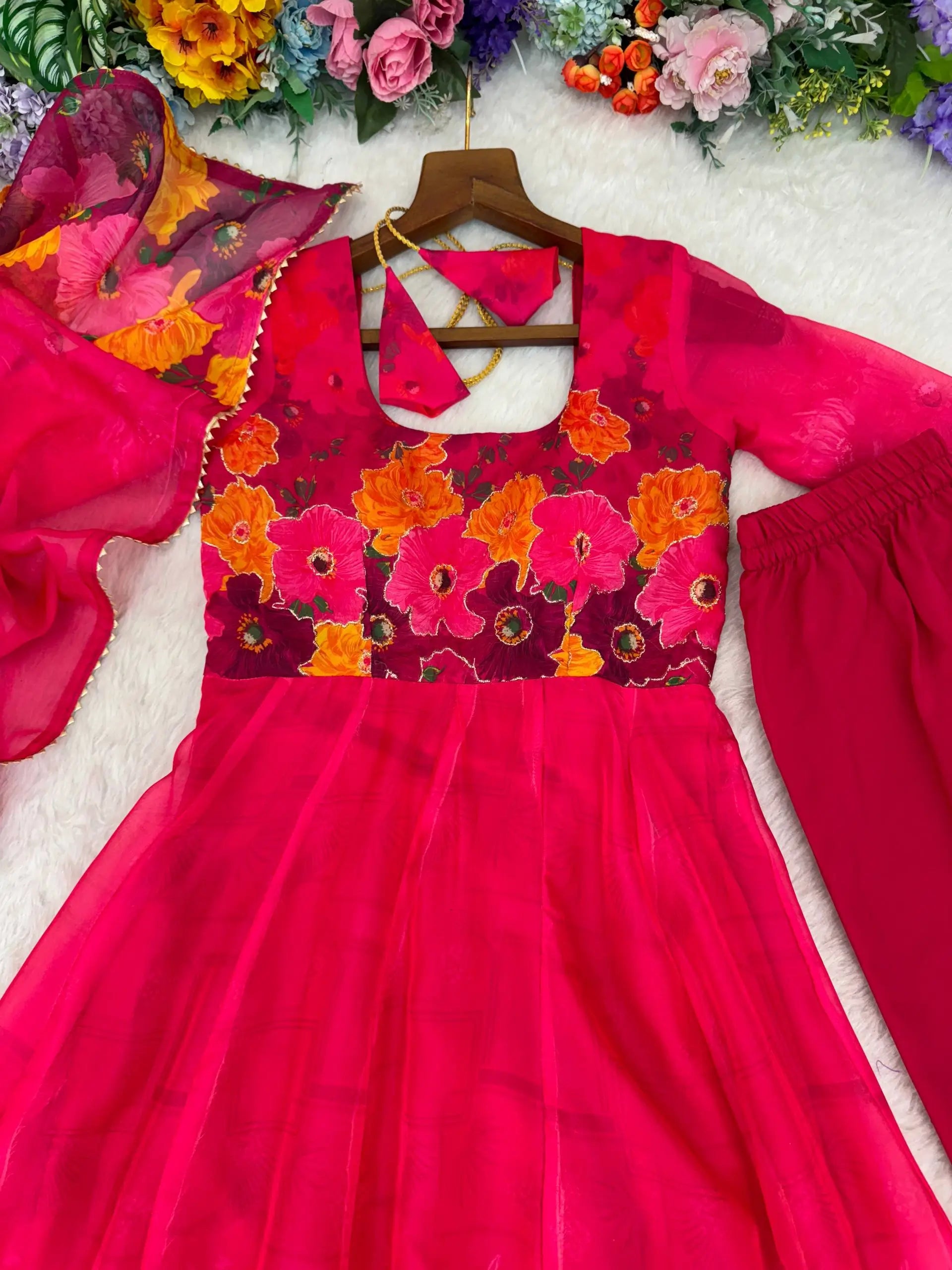 Premium Organza Silk Anarkali Set with Badla Work and Dupatta