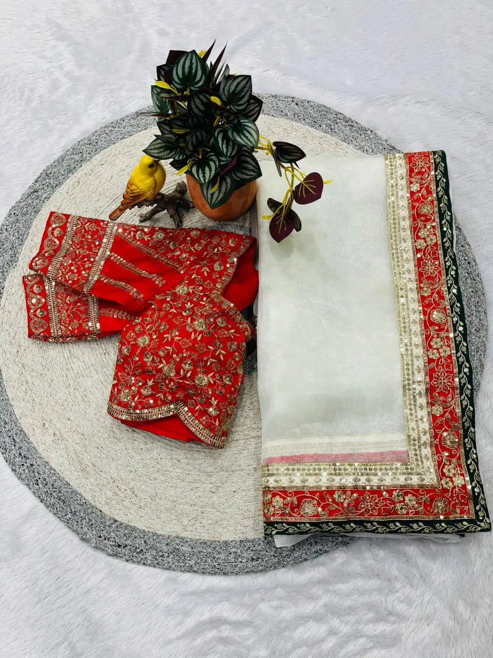 Premium Organza Silk Embroidered Saree Set