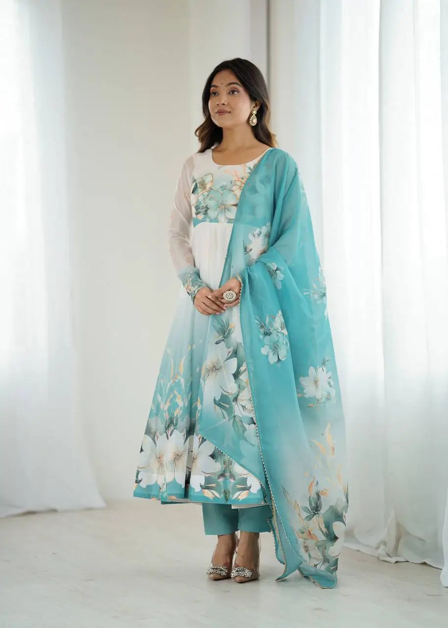 Premium Organza Silk Floral Anarkali Set with Badla Work and Dupatta