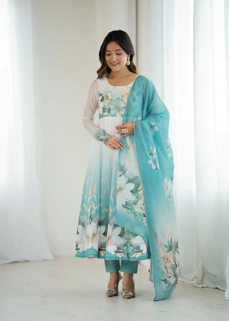 Premium Organza Silk Floral Anarkali Set with Badla Work and Dupatta