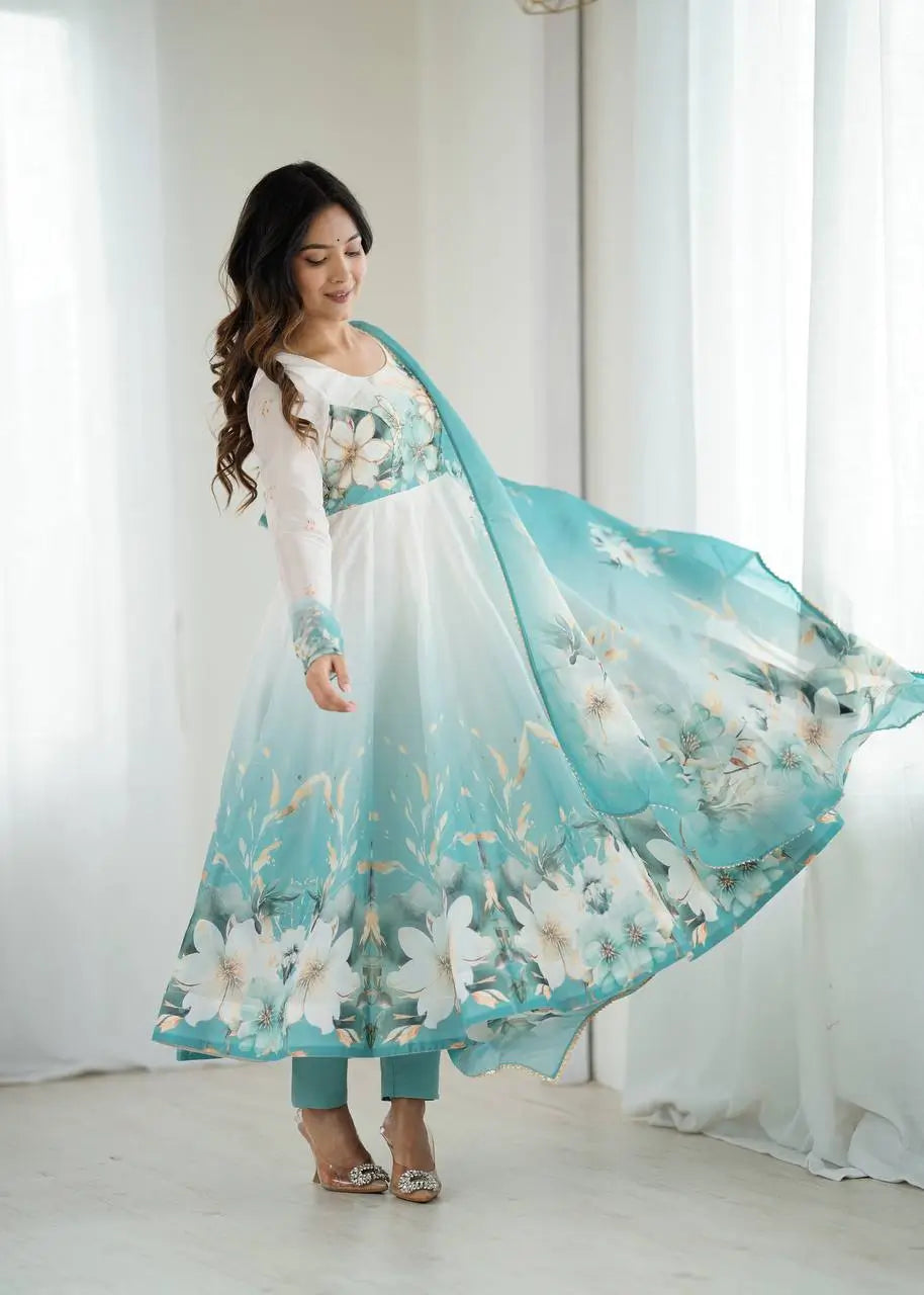 Premium Organza Silk Floral Anarkali Set with Badla Work and Dupatta