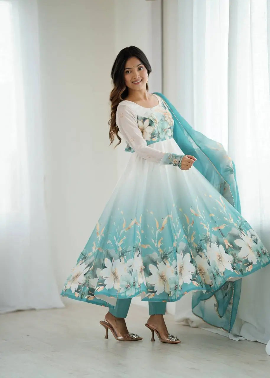 Premium Organza Silk Floral Anarkali Set with Badla Work and Dupatta