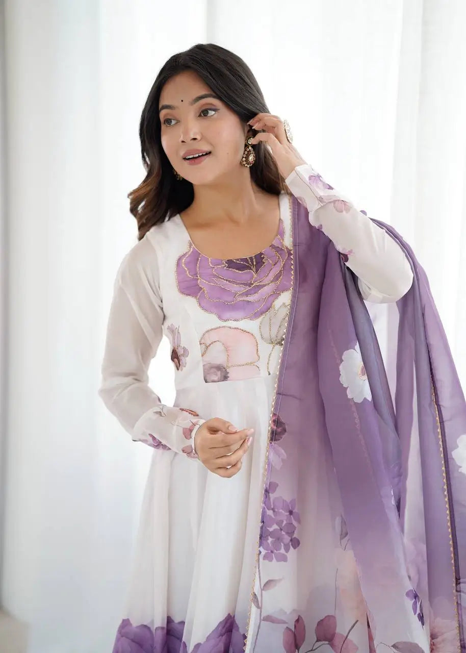 Premium Organza Silk Floral Anarkali Set with Badla Work and Dupatta