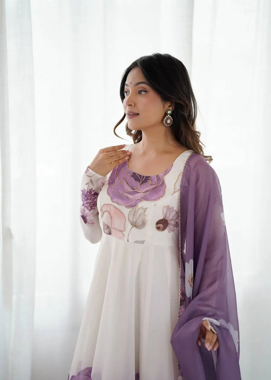 Premium Organza Silk Floral Anarkali Set with Badla Work and Dupatta