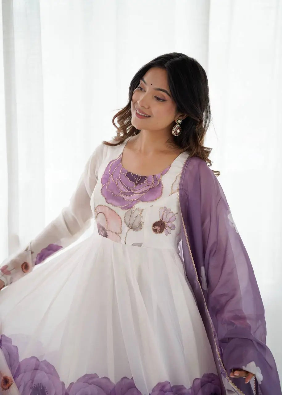 Premium Organza Silk Floral Anarkali Set with Badla Work and Dupatta