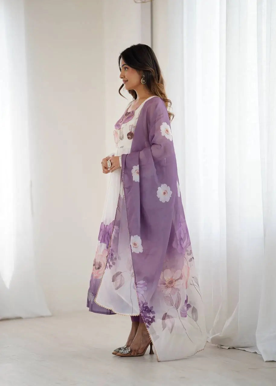 Premium Organza Silk Floral Anarkali Set with Badla Work and Dupatta