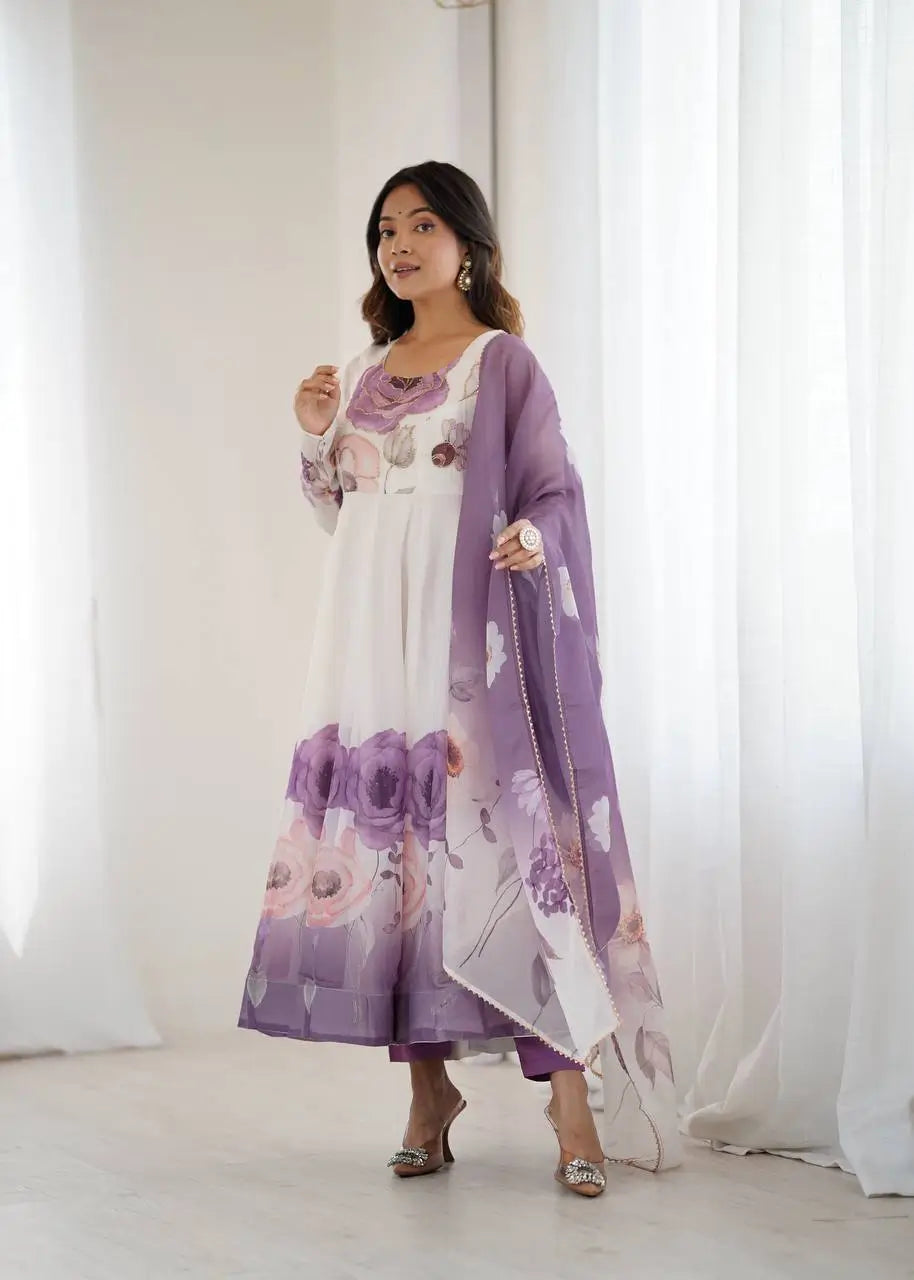 Premium Organza Silk Floral Anarkali Set with Badla Work and Dupatta