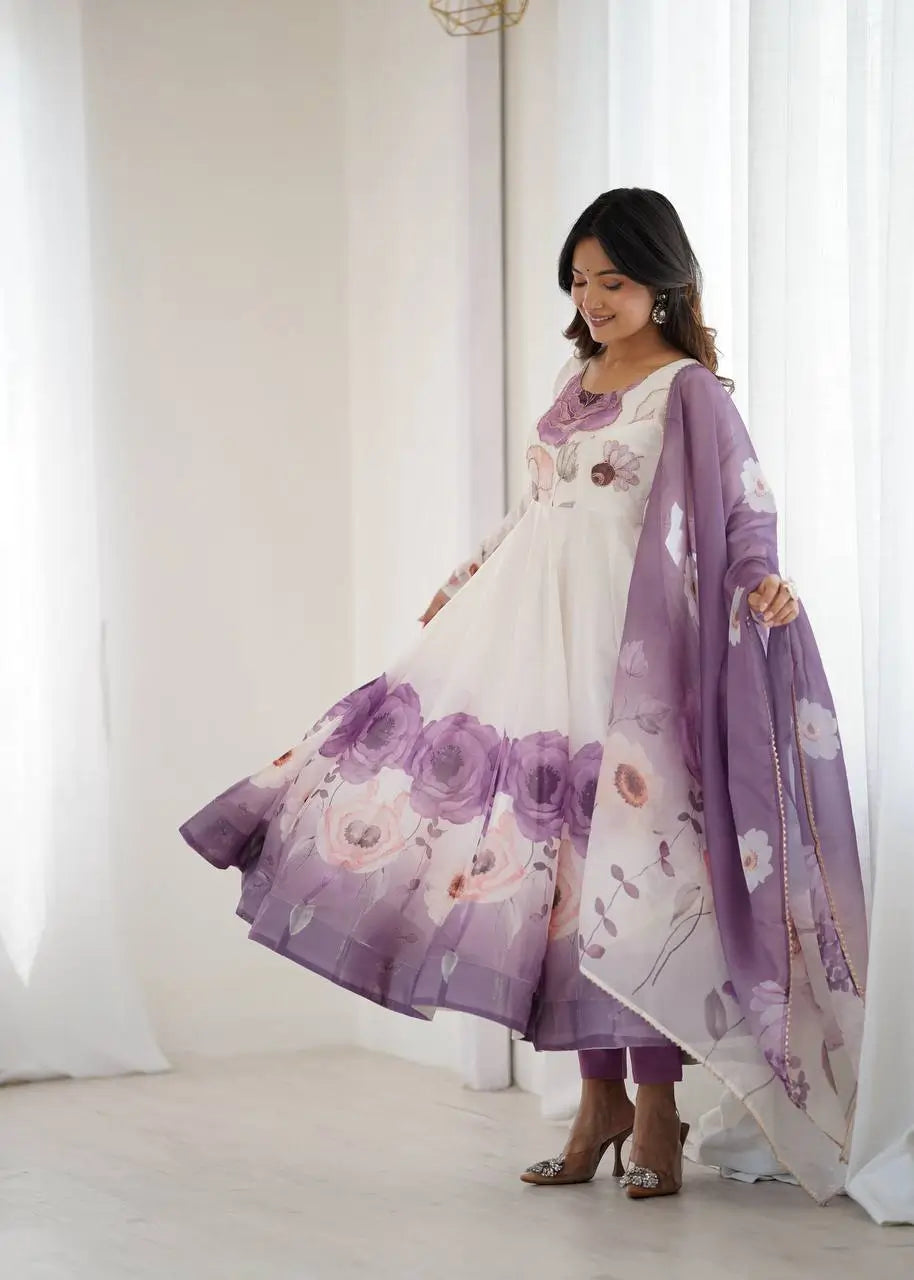 Premium Organza Silk Floral Anarkali Set with Badla Work and Dupatta