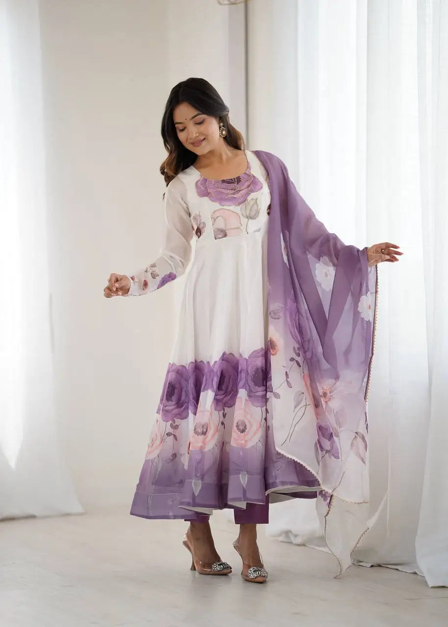 Premium Organza Silk Floral Anarkali Set with Badla Work and Dupatta