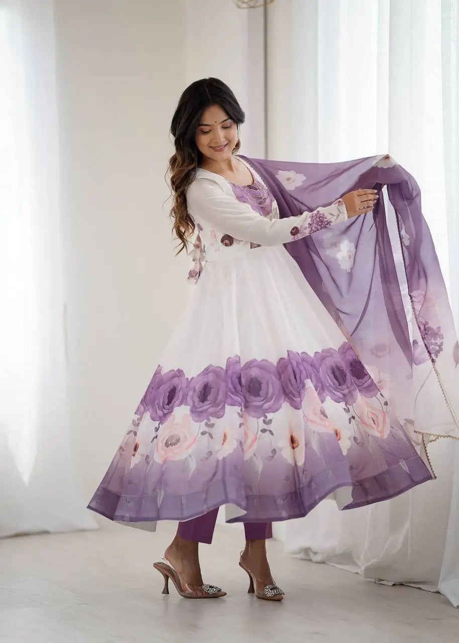 Premium Organza Silk Floral Anarkali Set with Badla Work and Dupatta