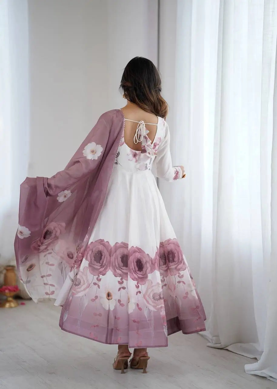 Premium Organza Silk Floral Anarkali Set with Badla Work and Dupatta