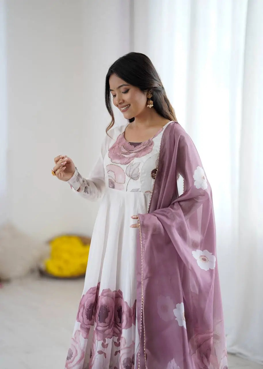 Premium Organza Silk Floral Anarkali Set with Badla Work and Dupatta