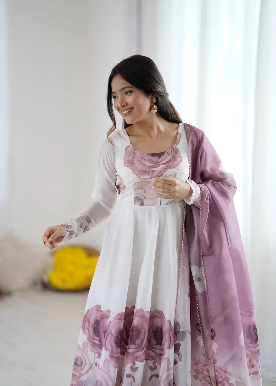 Premium Organza Silk Floral Anarkali Set with Badla Work and Dupatta