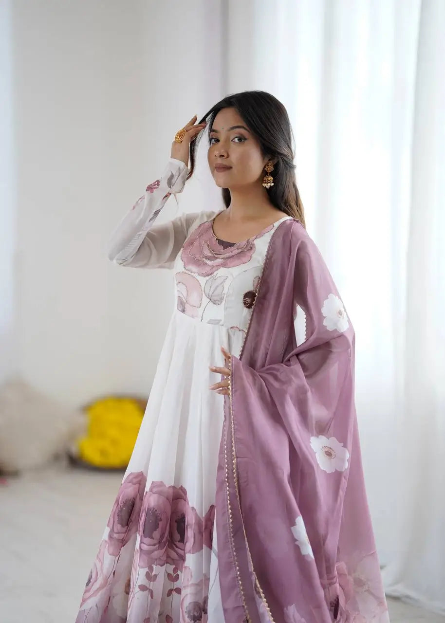 Premium Organza Silk Floral Anarkali Set with Badla Work and Dupatta