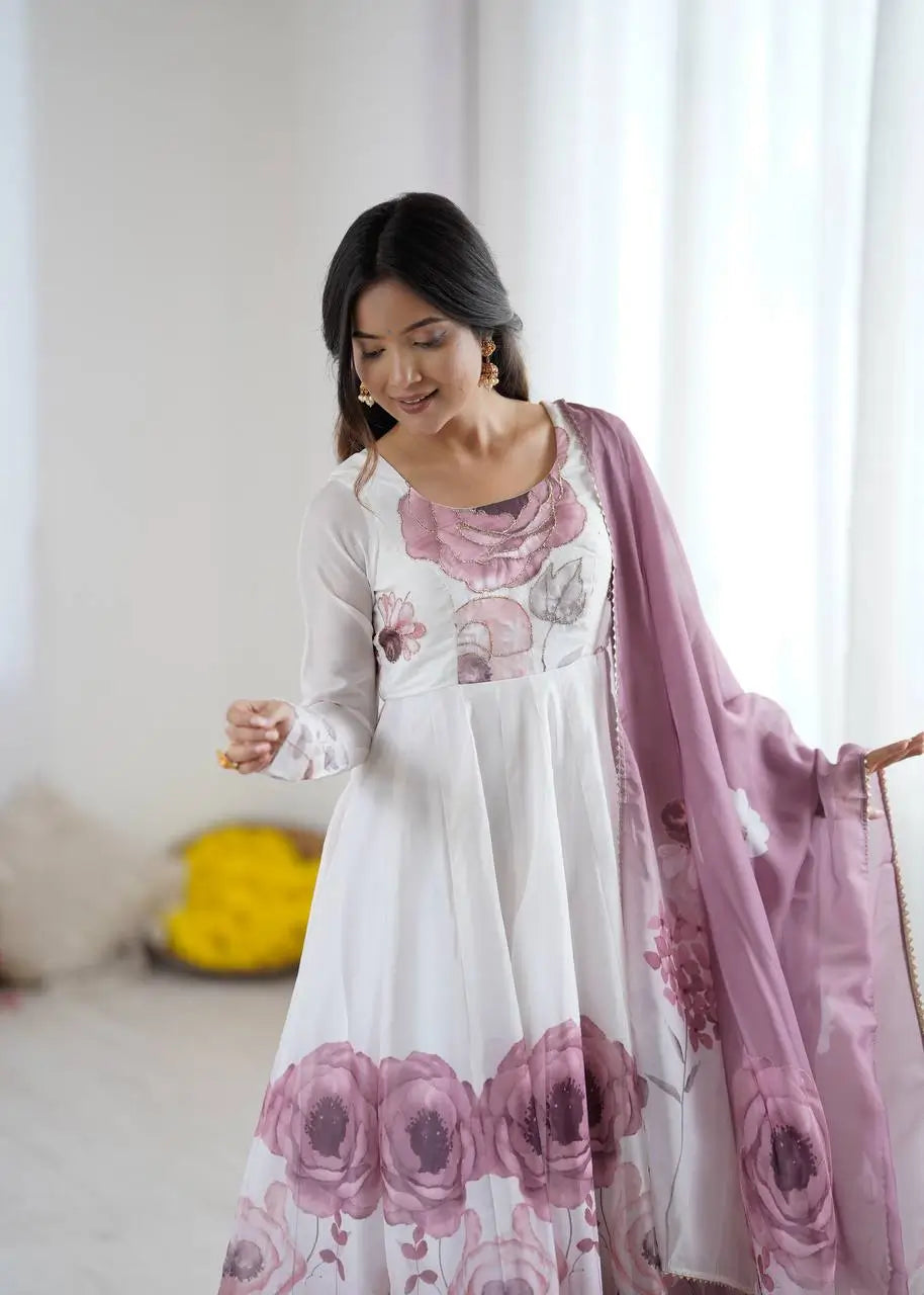 Premium Organza Silk Floral Anarkali Set with Badla Work and Dupatta