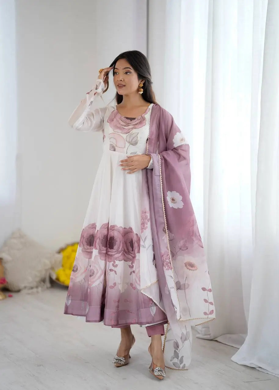 Premium Organza Silk Floral Anarkali Set with Badla Work and Dupatta