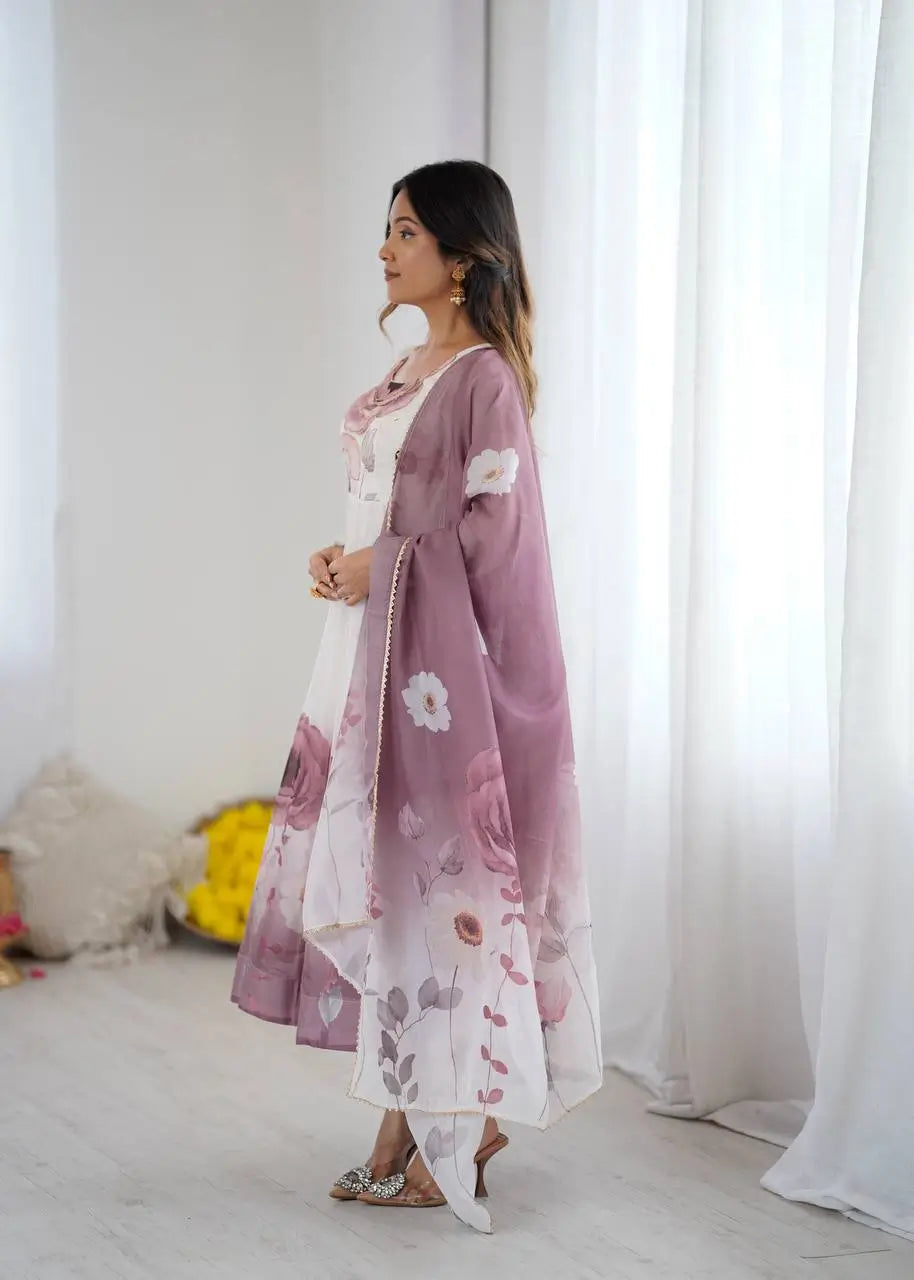 Premium Organza Silk Floral Anarkali Set with Badla Work and Dupatta