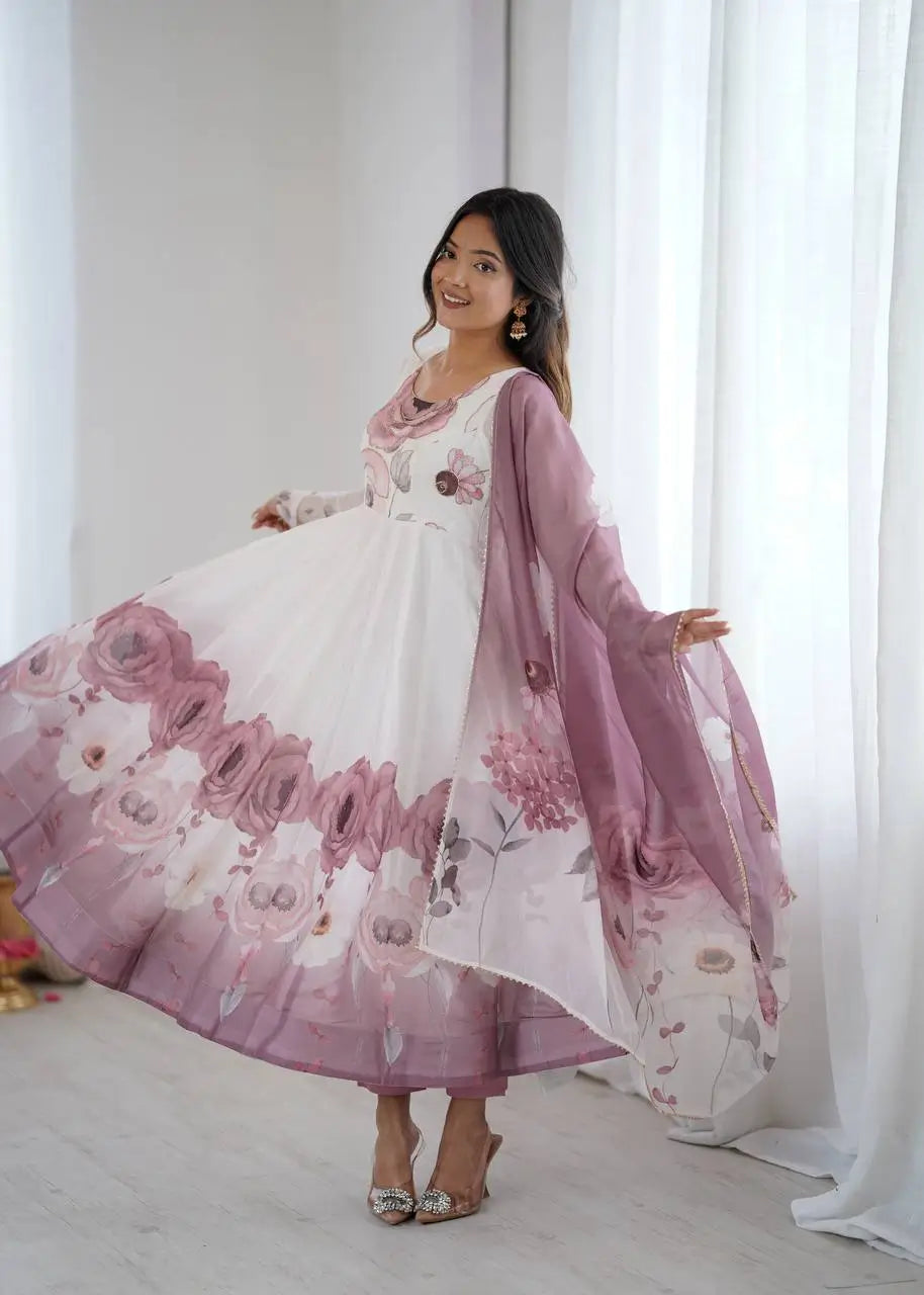 Premium Organza Silk Floral Anarkali Set with Badla Work and Dupatta