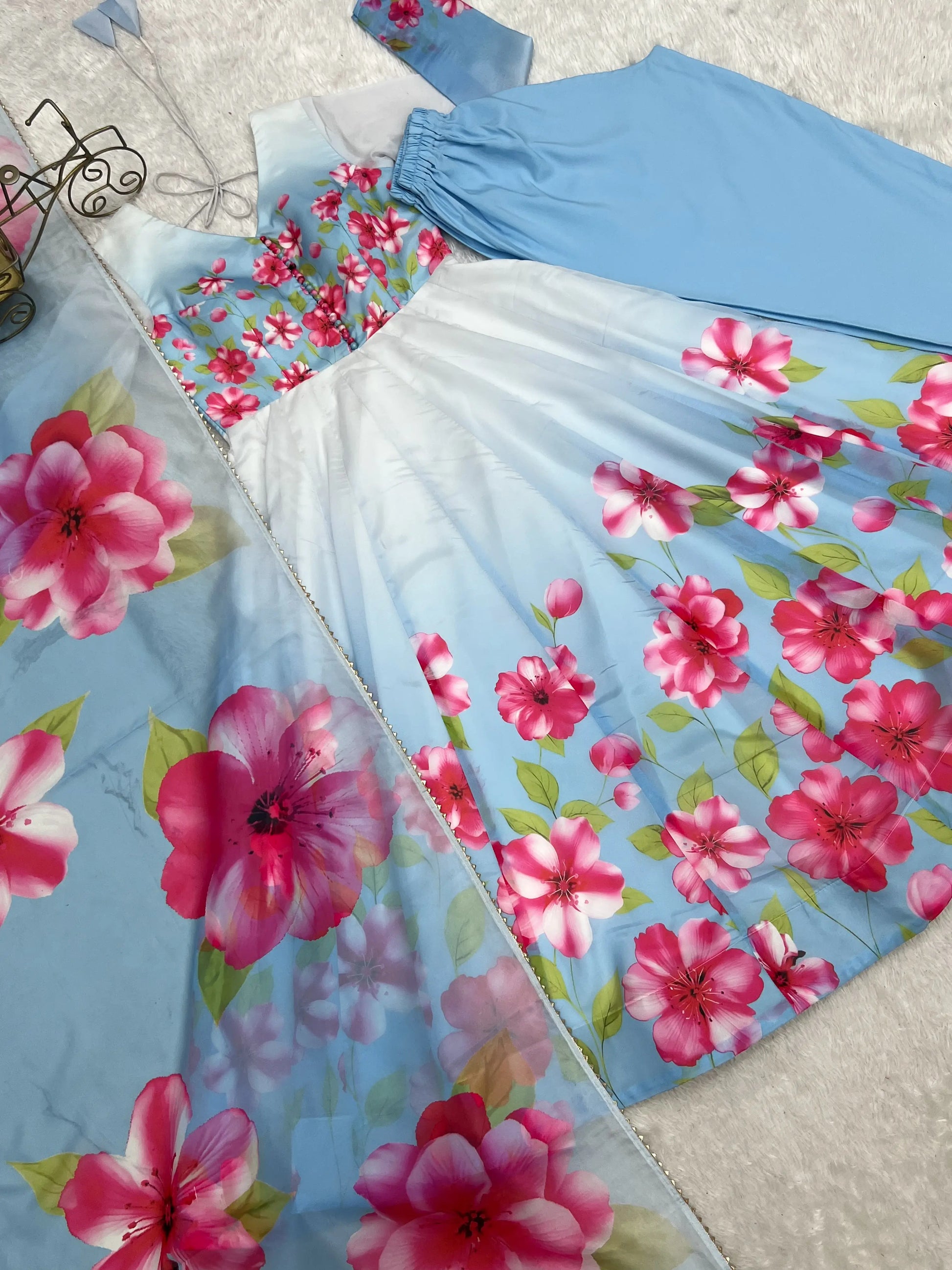 Premium Organza Silk Floral Anarkali Set with Badla Work and Dupatta